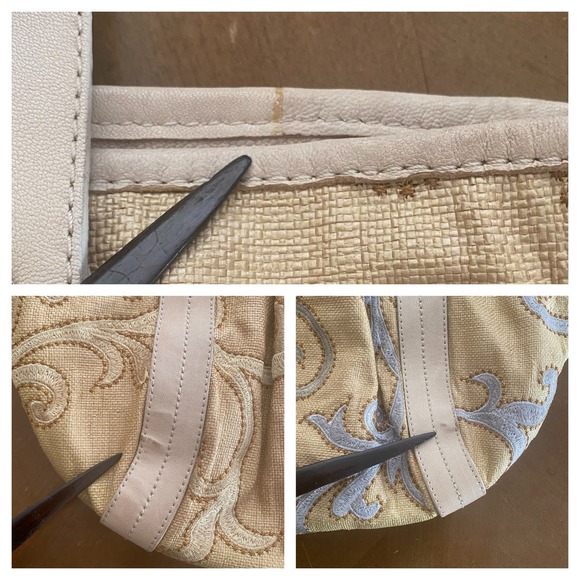 Stuart Weitzman Woven Fabric Leather Hobo Bag Cream Tan Sky Blue Tote Bag Charm - Picture 7 of 12